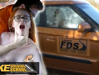 British redhead Ella Hughes gets her tight pussy drilled in the car in the long run b for a long time driving
